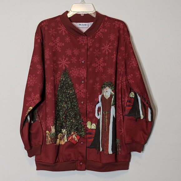 BLAIR, Burgundy Red Santa Christmas, Snap Fleece Lightweight Jacket; Size M - Picture 1 of 5